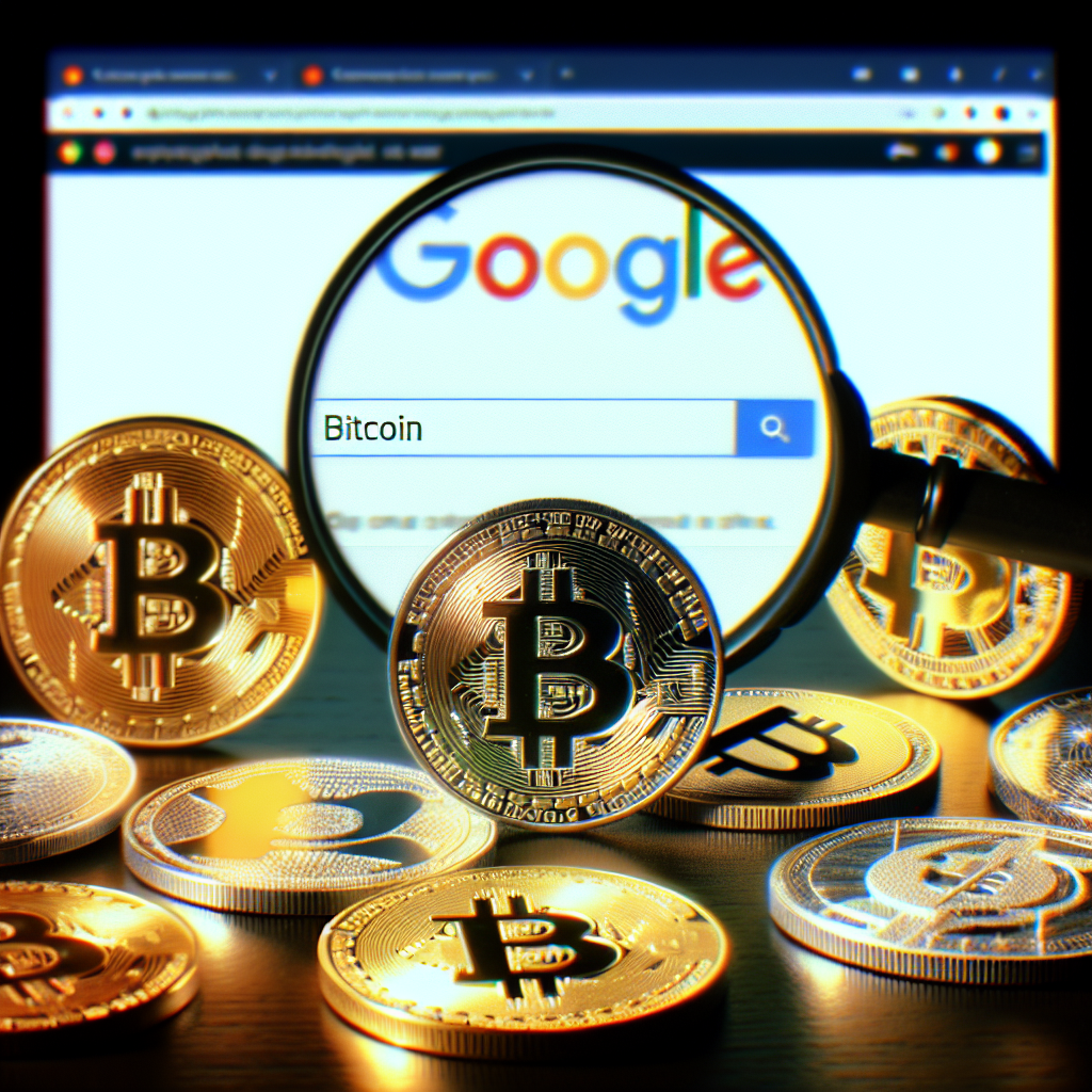 Bitcoins i förgrunden med google sök i bakgrunden
