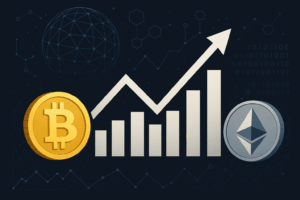 bitcoin and ethereum logos with a market upwards arrow