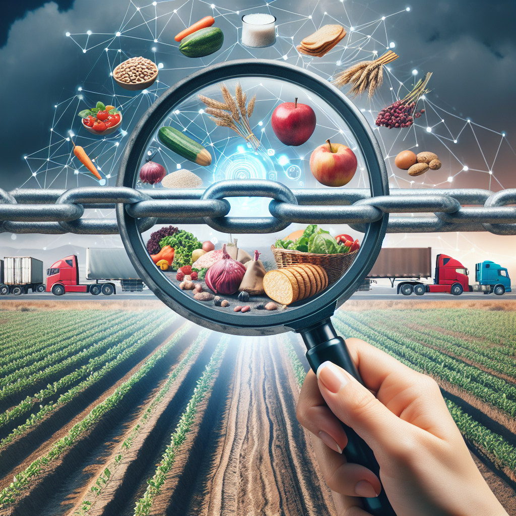 A chain stretching over the food supply chain. Symbolizing the use of blockchain for tracking the food supply chain