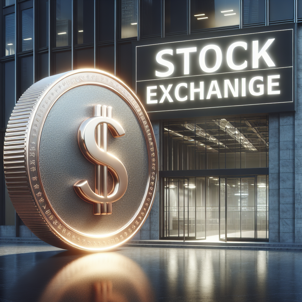 A coin with the dollar sign outside of the stock exchange