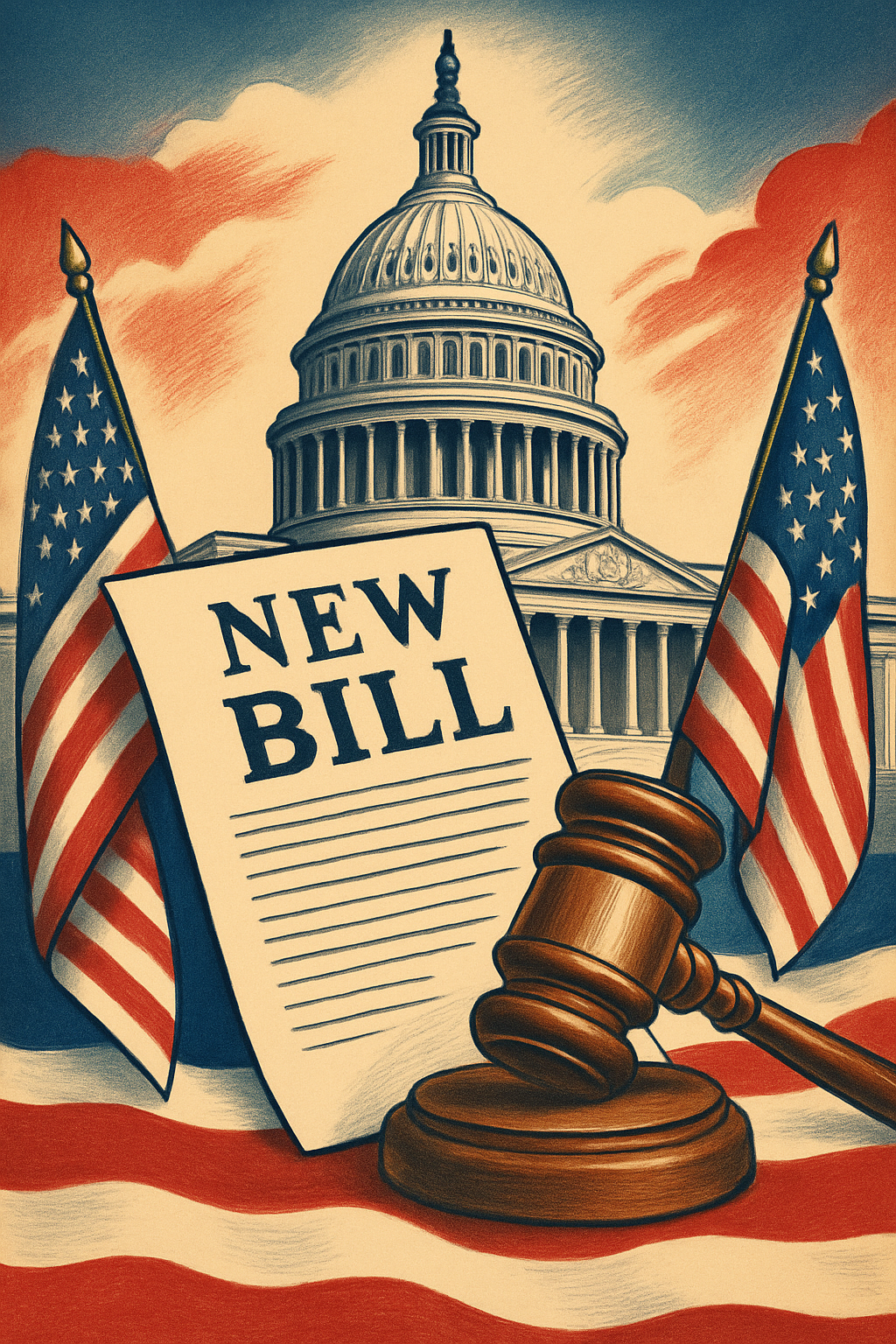 US flags. new bill and the white house