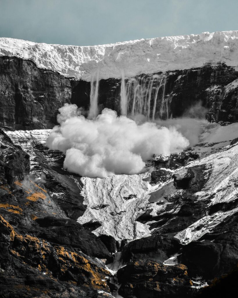 Captivating view of a snow avalanche cascading down Cerro Tronador in Patagonia.