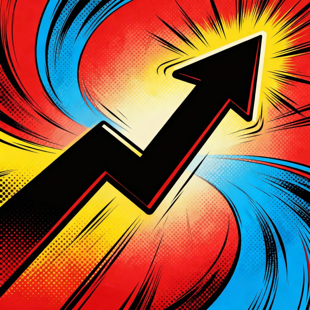 An arrow pointing upwards in comic book style
