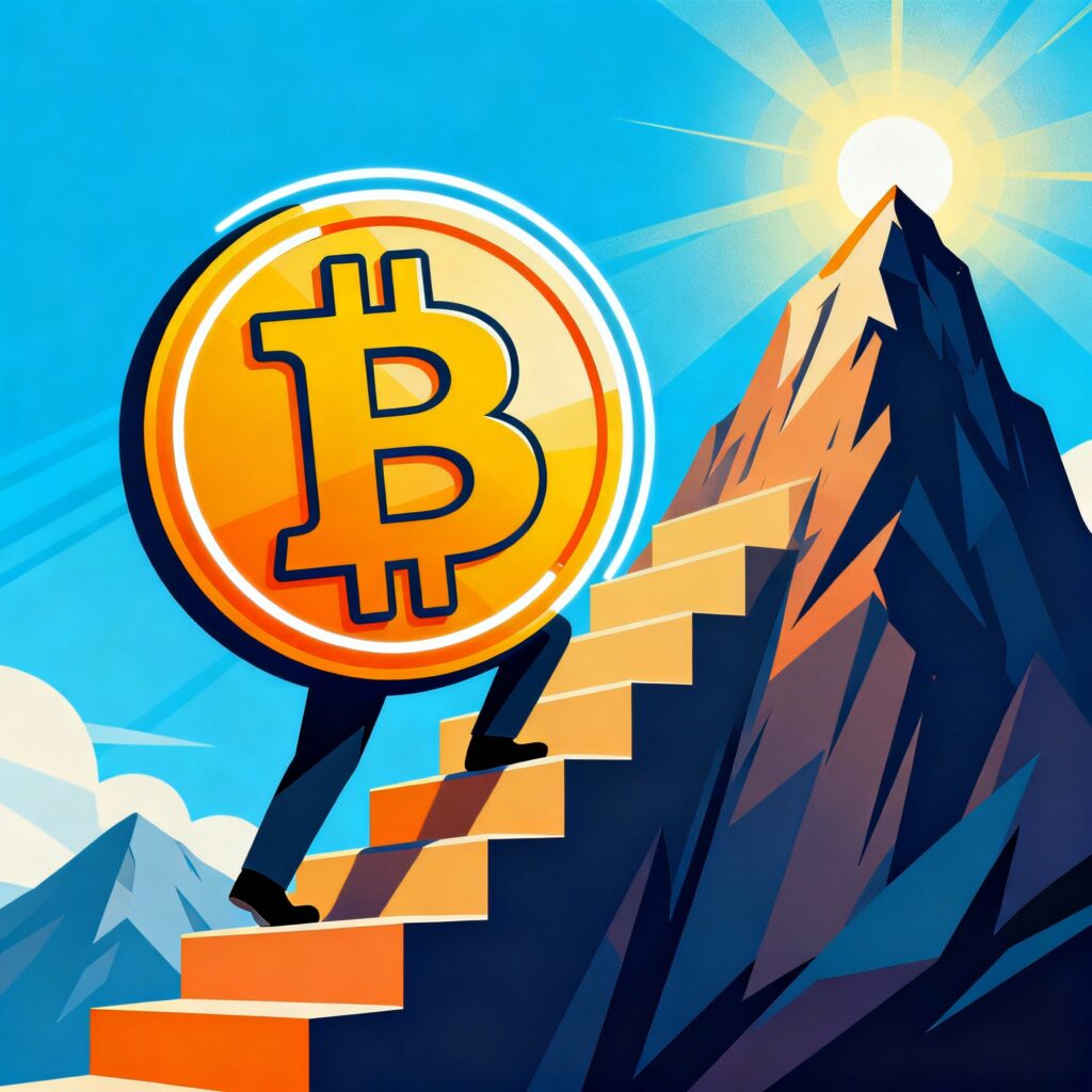 Bitcoin climbing up a mountain towards new heights in comic book style