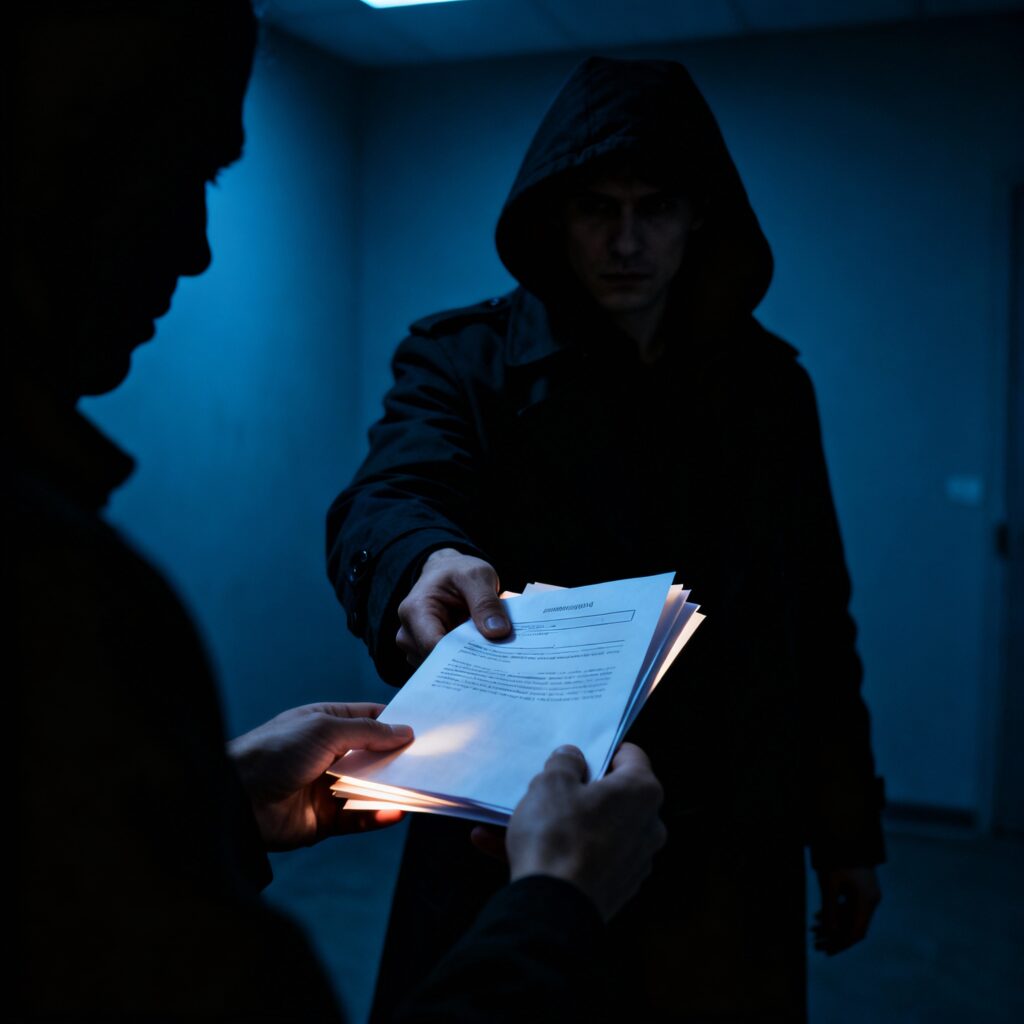 Mysterious men handing over documents in an insider trading deal